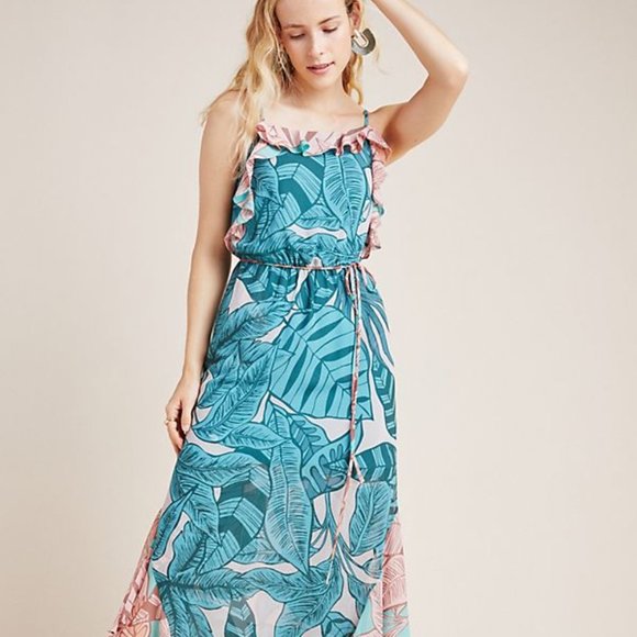 Farm Rio Dresses & Skirts - 'Farm Rio' for Anthropologie Maxi Dress Floral Ruffled Teal Blue Long Medium